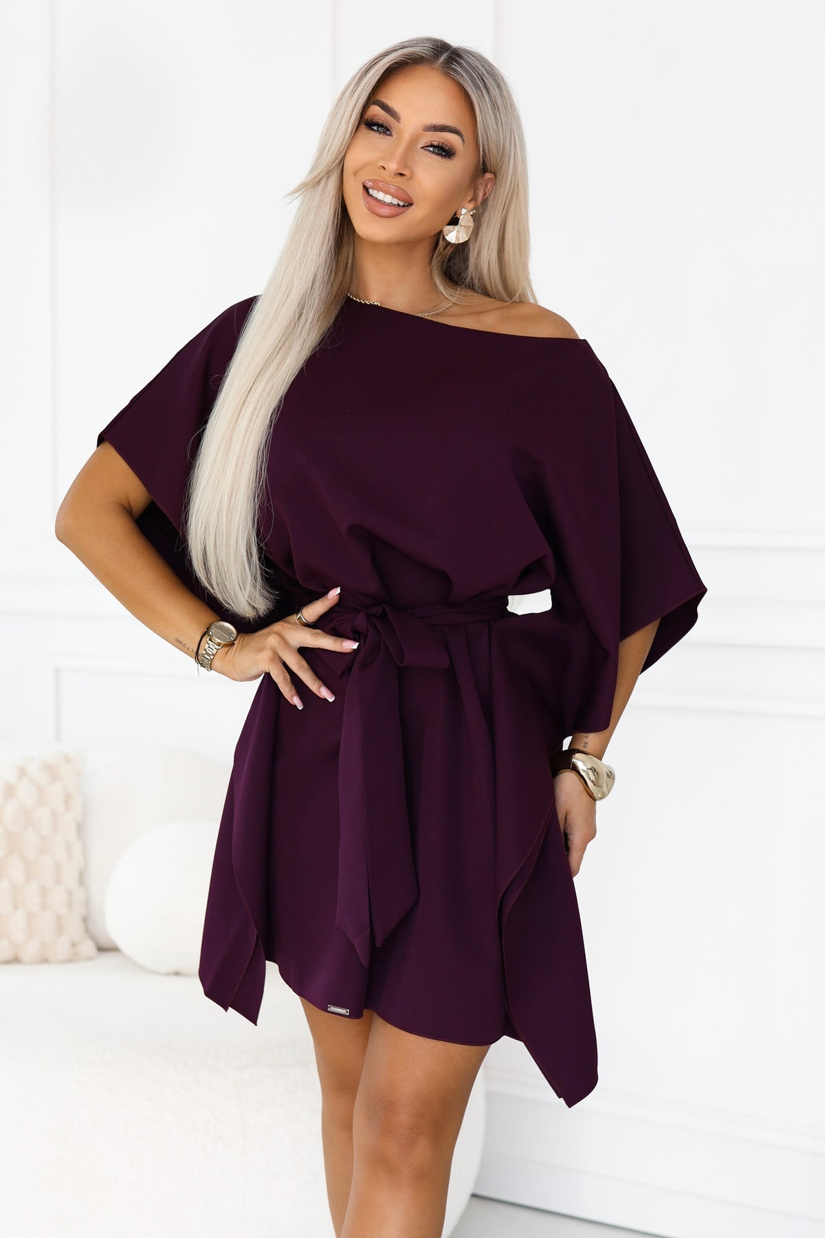 Numoco 287-48 SOFIA Feminine butterfly dress with a waist tie - ripe plum
