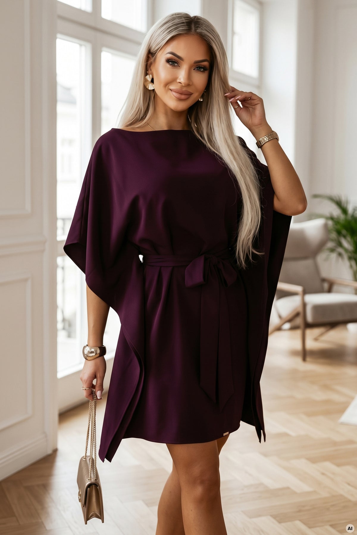 Numoco 287-48 SOFIA Feminine butterfly dress with a waist tie - ripe plum