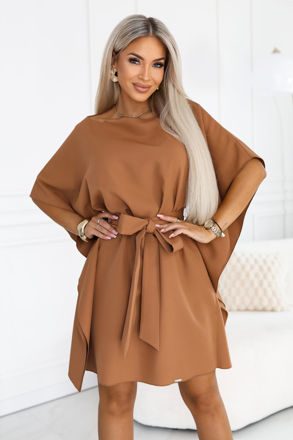Numoco 287-49 SOFIA Feminine butterfly dress with a waist tie - toffee