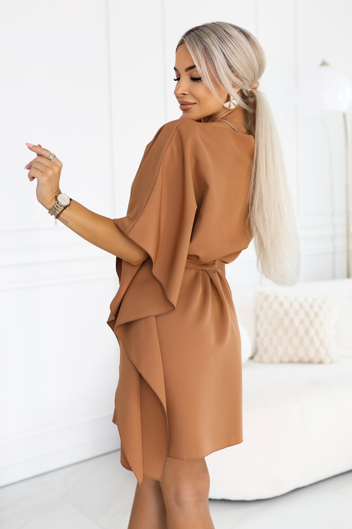 Numoco 287-49 SOFIA Feminine butterfly dress with a waist tie - toffee