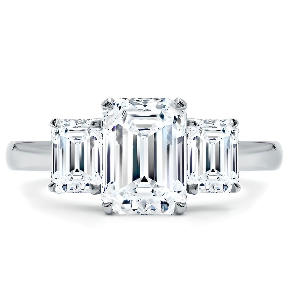 2.00 CTW AGI E/F VS Certified Emerald Cut Lab Grown Diamond Three-Stone Engagement Ring-0