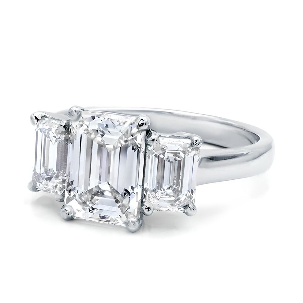 2.00 CTW AGI E/F VS Certified Emerald Cut Lab Grown Diamond Three-Stone Engagement Ring-1