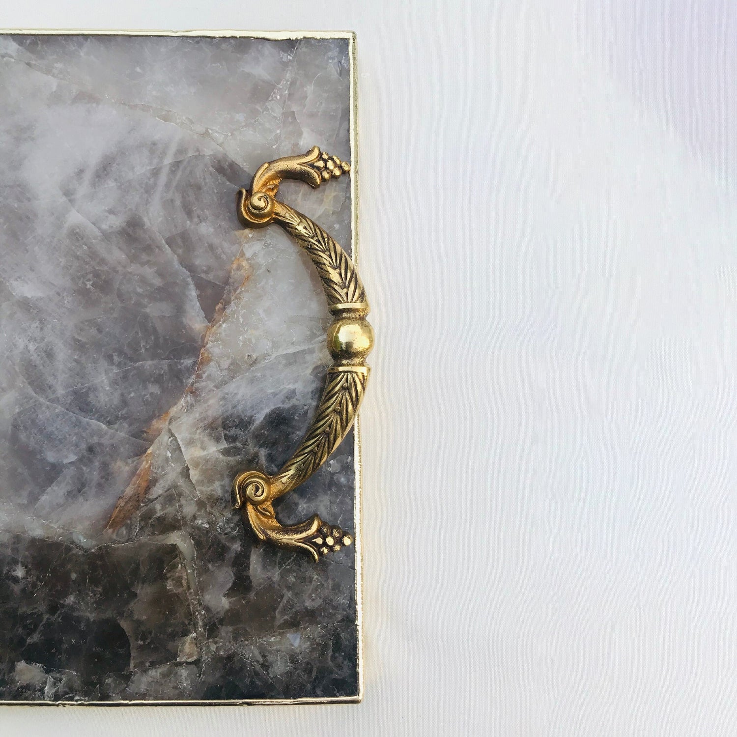 Smoky Quartz Agate  Serving Tray With Brass Handles-1