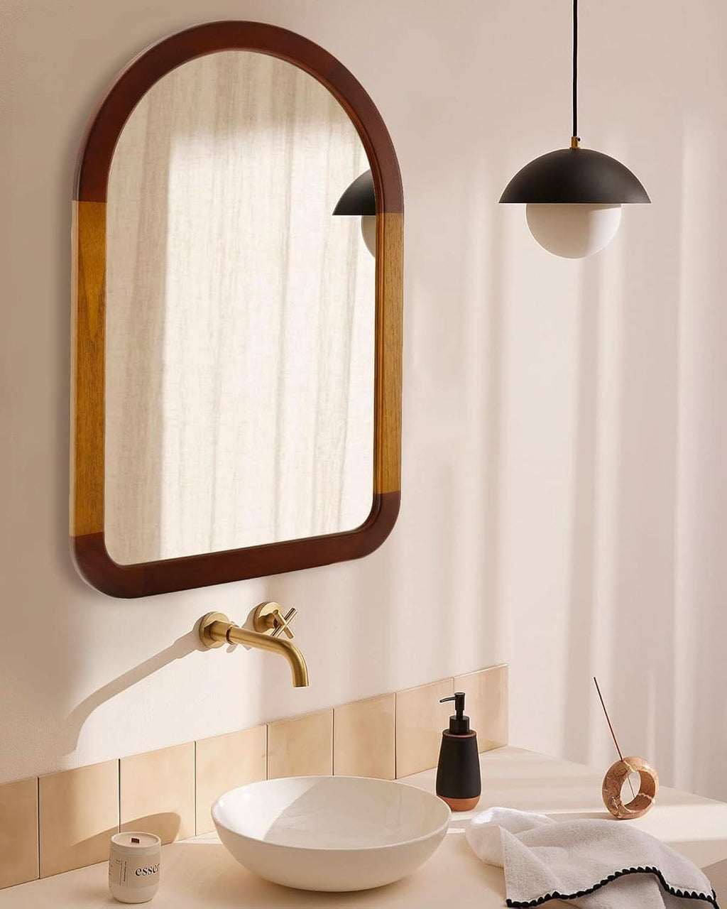 Arched Mirror 24x36 Walnut Brown Wood Frame Wall Mounted-3