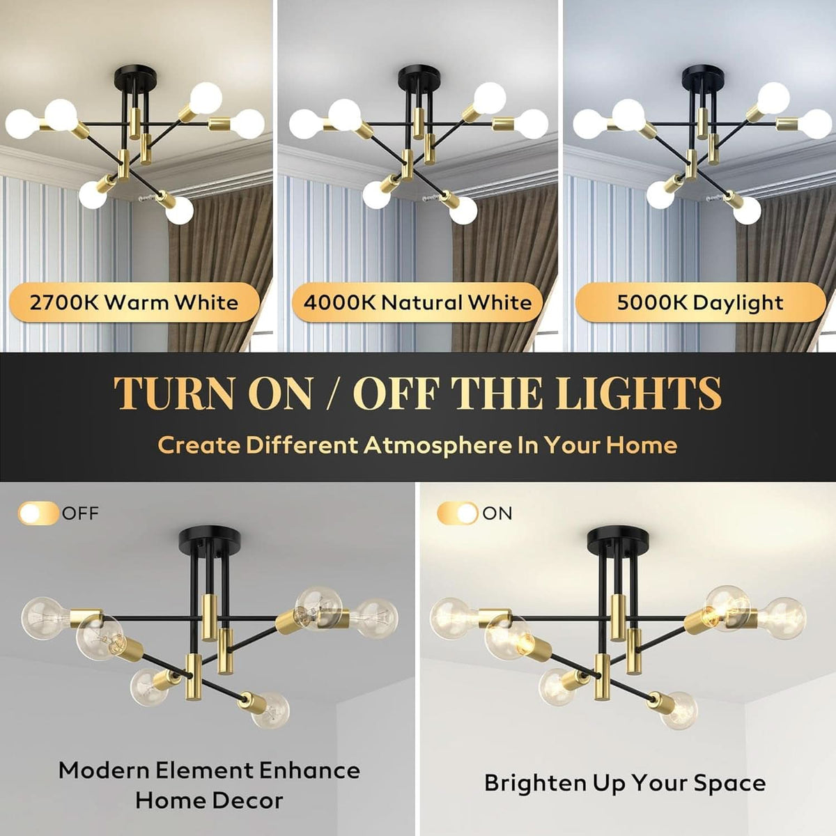 Modern Sputnik Chandelier Ceiling Light 6 Lights Black-4