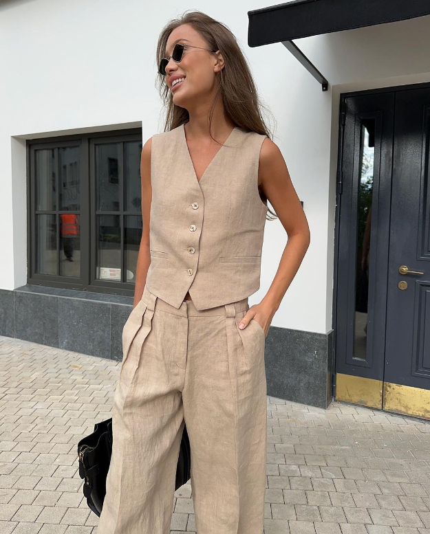 Athena Tailored Linen Set with Sleeveless Vest (One Set)