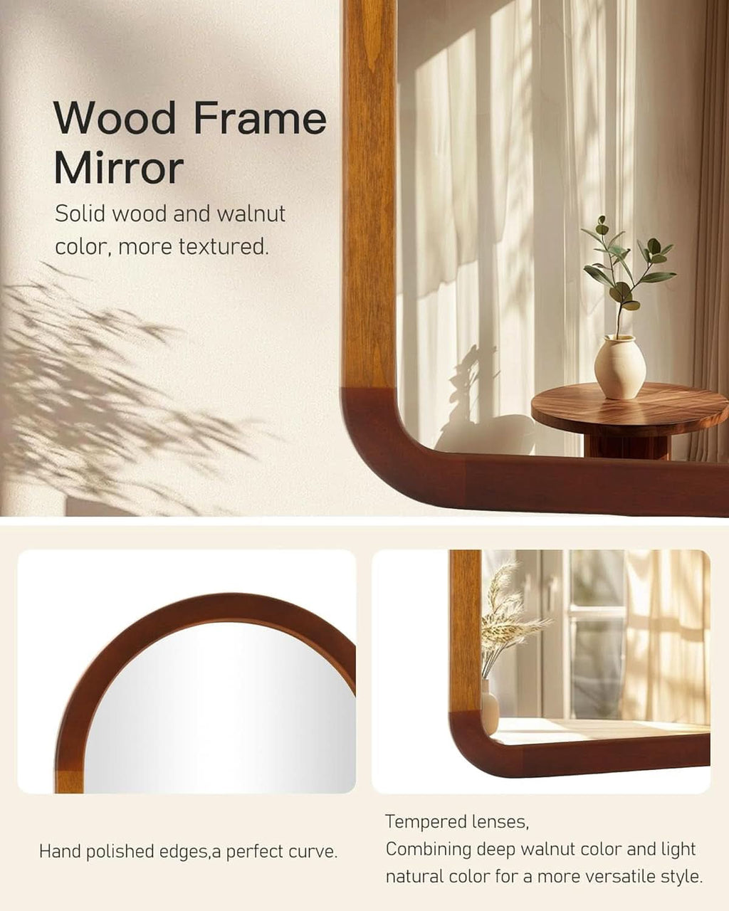 Arched Mirror 24x36 Walnut Brown Wood Frame Wall Mounted-4