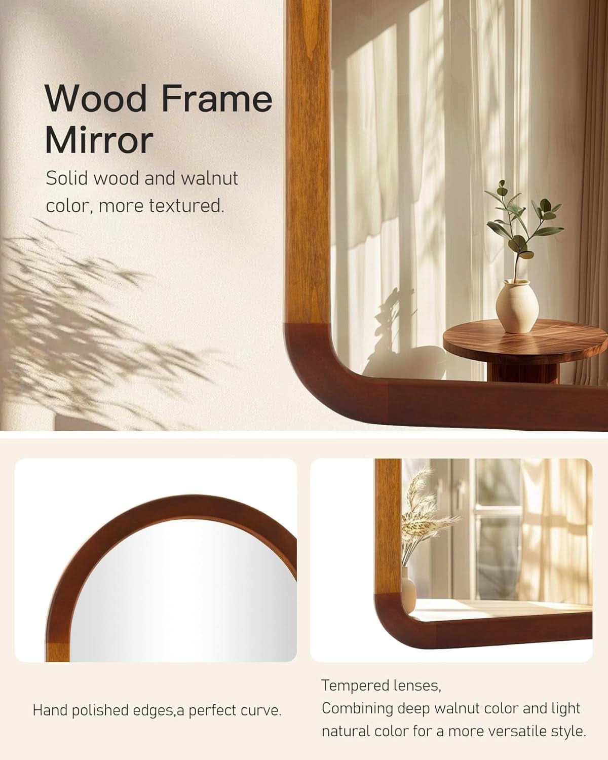 Arched Mirror 24x36 Walnut Brown Wood Frame Wall Mounted-4