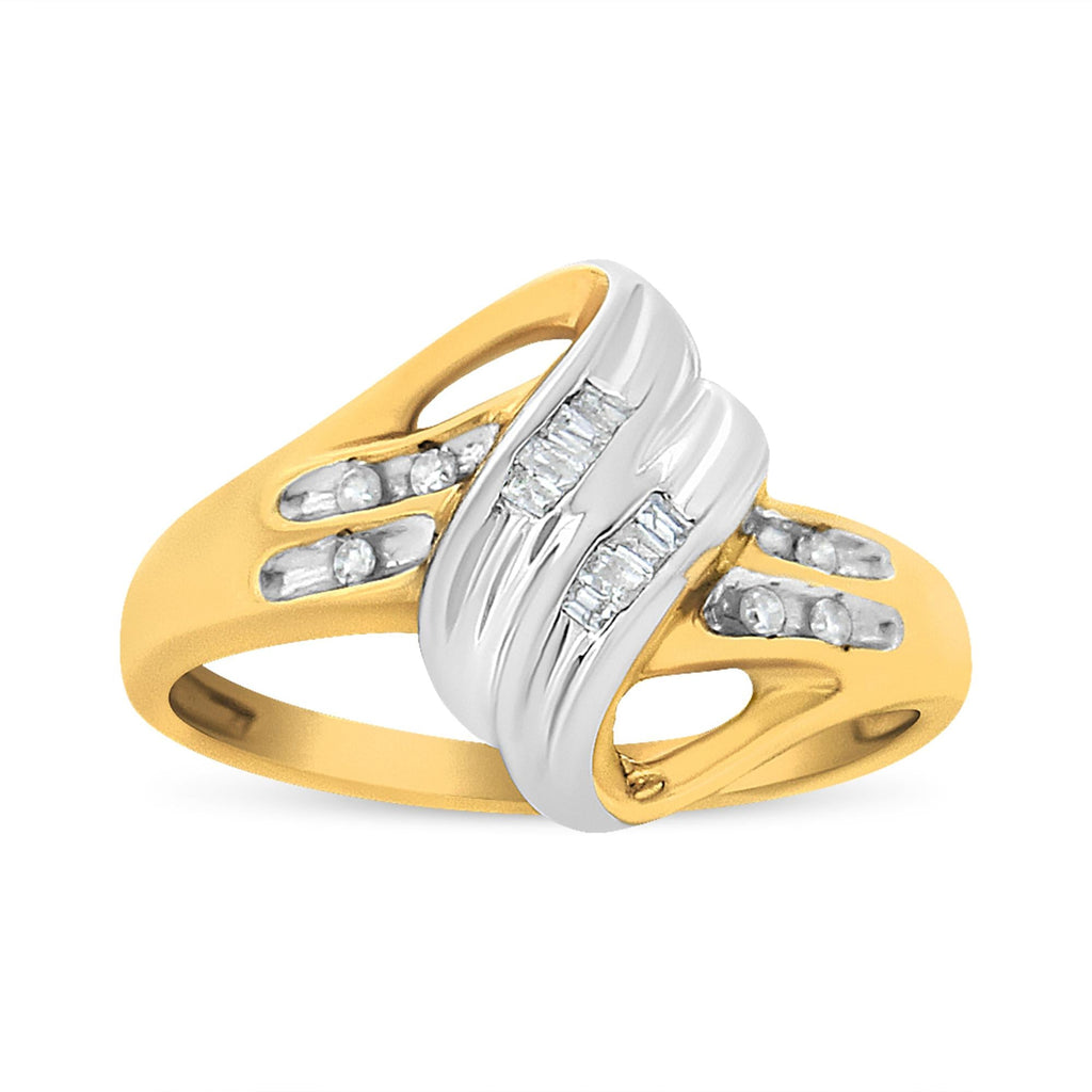 10K Yellow and White Gold 1/10 Cttw Baguette and Round-Cut Diamond Bypass Ring (I2 Color, H-I Clarity)-3