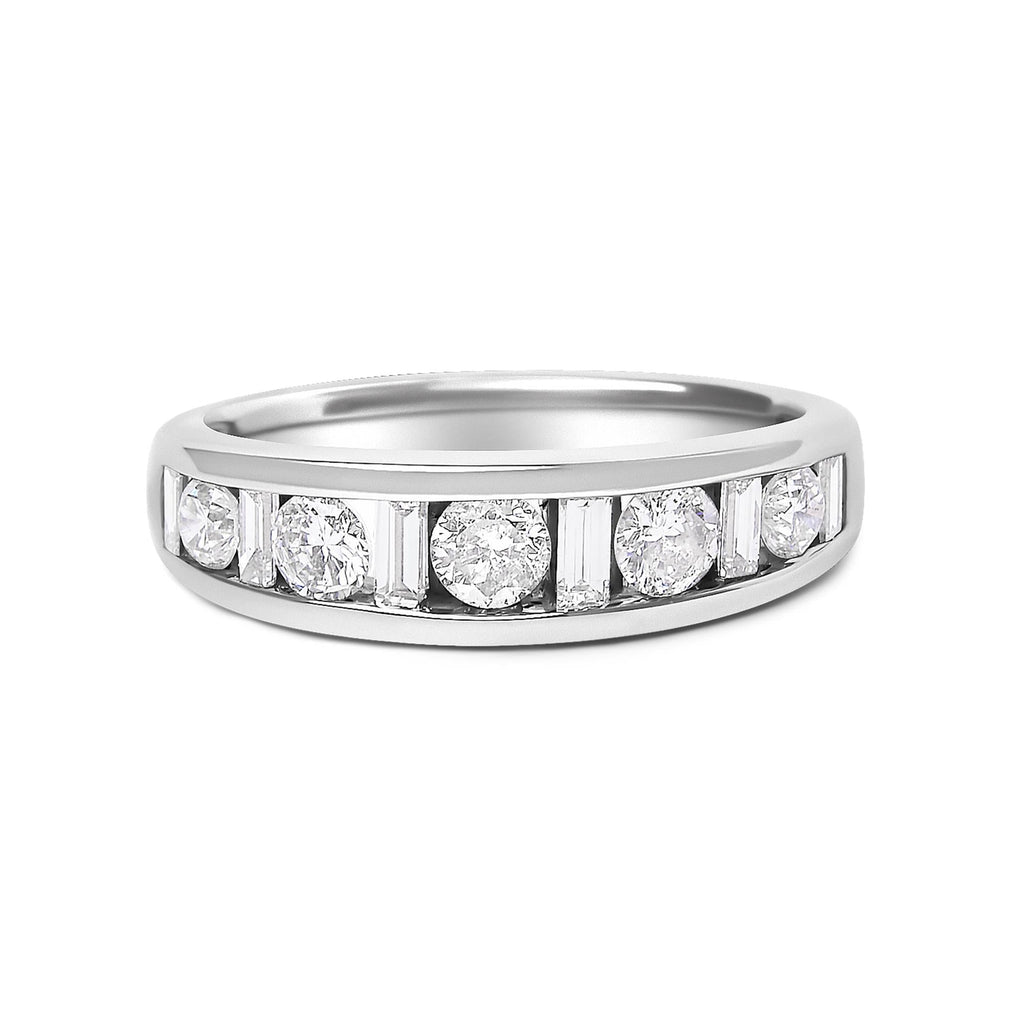 14K White Gold Alternating 1.0 Cttw Round and Baguette Diamond Channel Band Ring-0