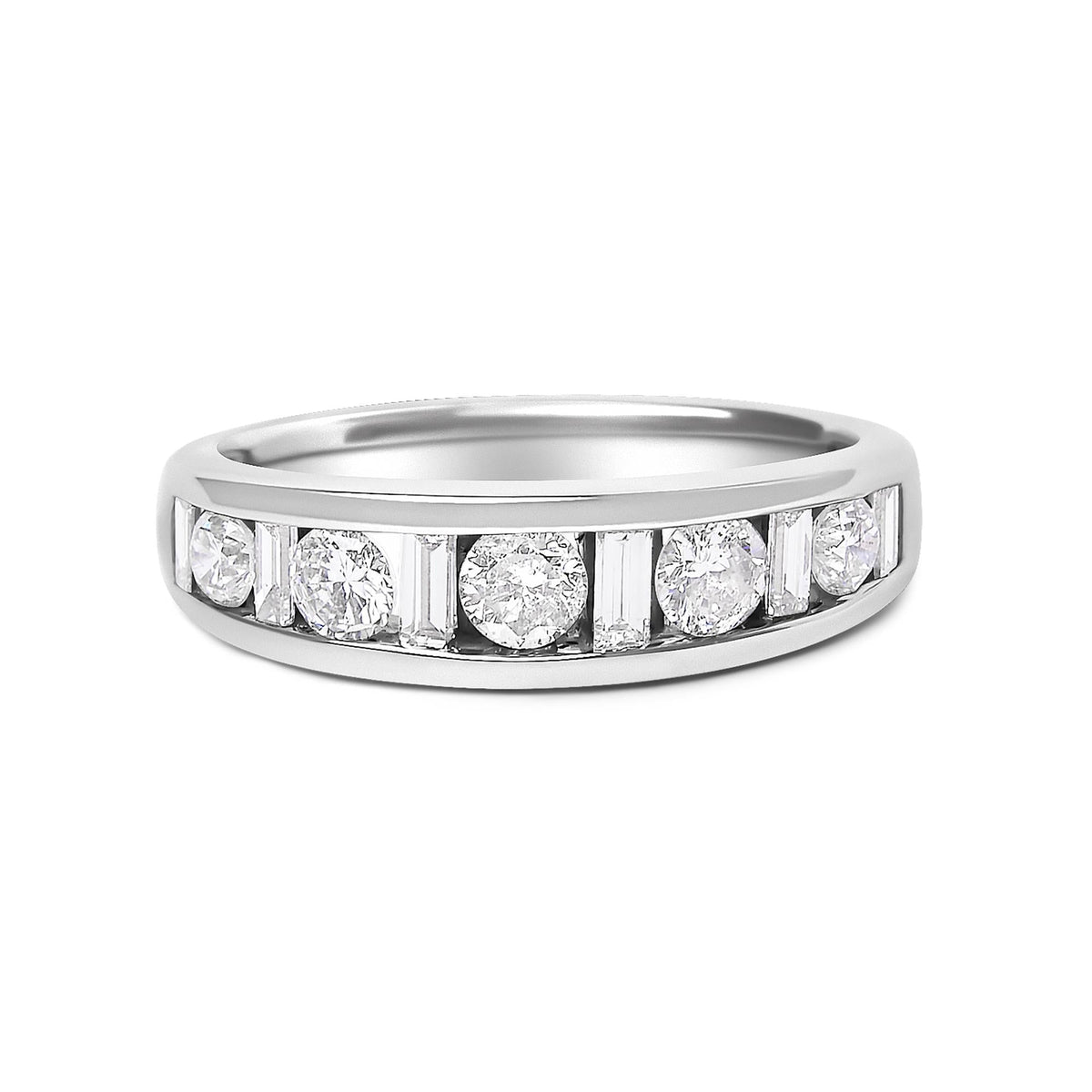 14K White Gold Alternating 1.0 Cttw Round and Baguette Diamond Channel Band Ring-0