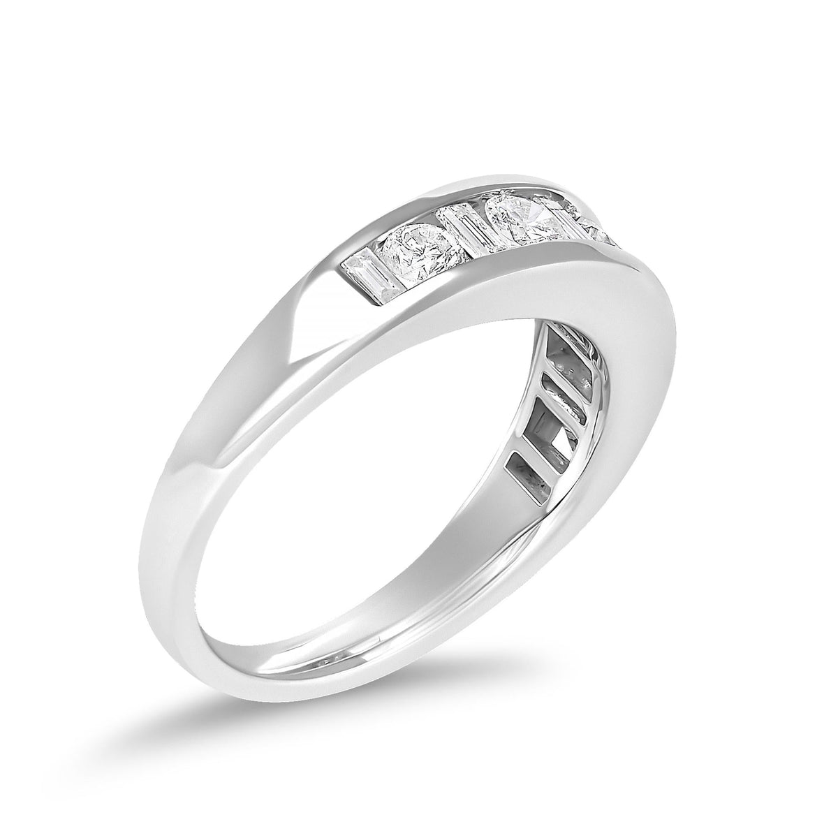 14K White Gold Alternating 1.0 Cttw Round and Baguette Diamond Channel Band Ring-3