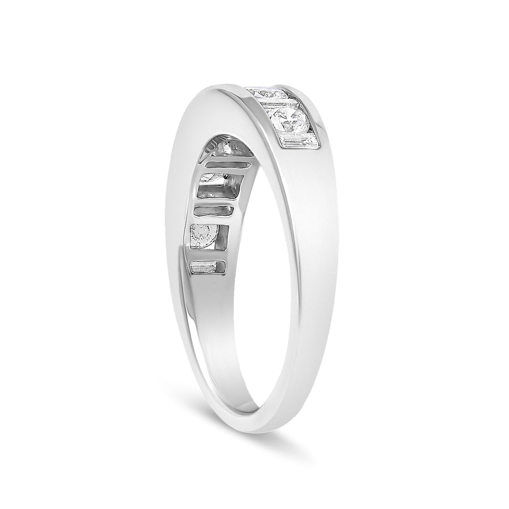 14K White Gold Alternating 1.0 Cttw Round and Baguette Diamond Channel Band Ring-4