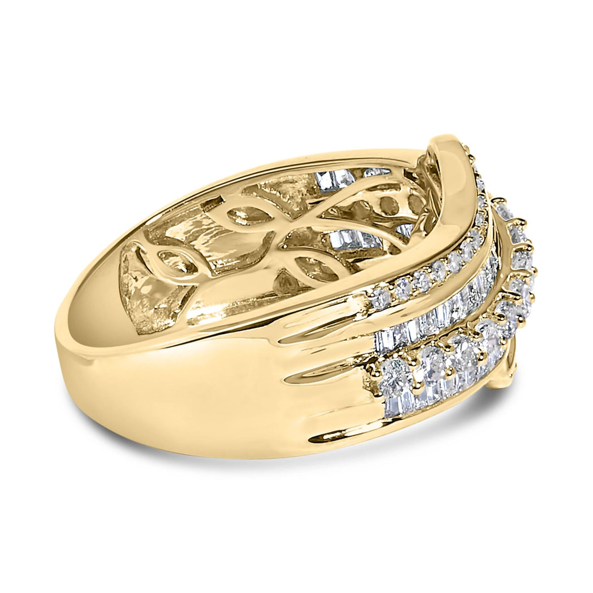 10K Yellow Gold 1.0 Cttw Baguette and Round Diamond Multi-Row Wave Bypass Ring (I-J Color, I1-I2 Clarity)-1