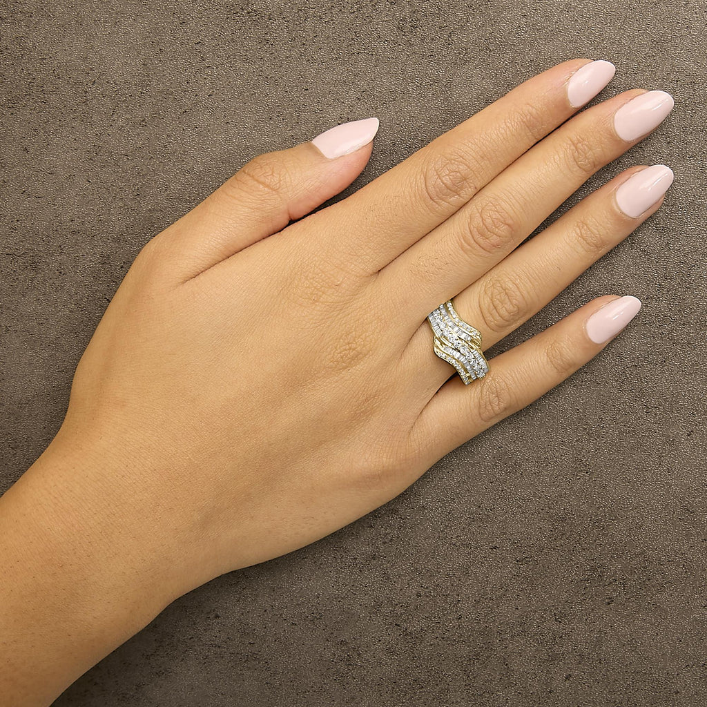 10K Yellow Gold 1.0 Cttw Baguette and Round Diamond Multi-Row Wave Bypass Ring (I-J Color, I1-I2 Clarity)-2