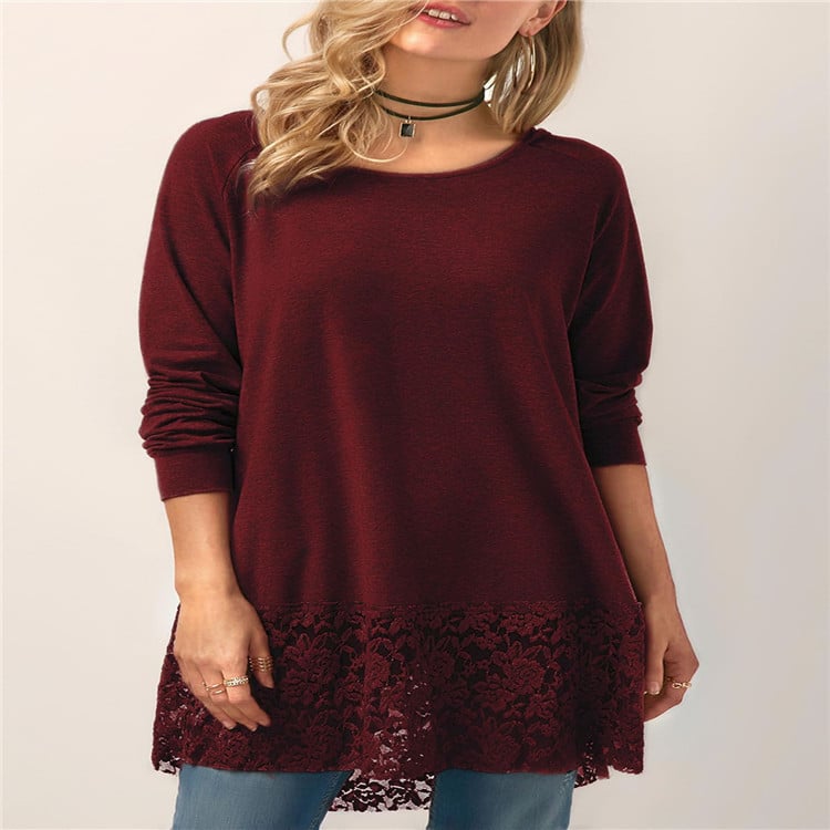 Hooded Long-sleeved T-shirt with Lace Stitching