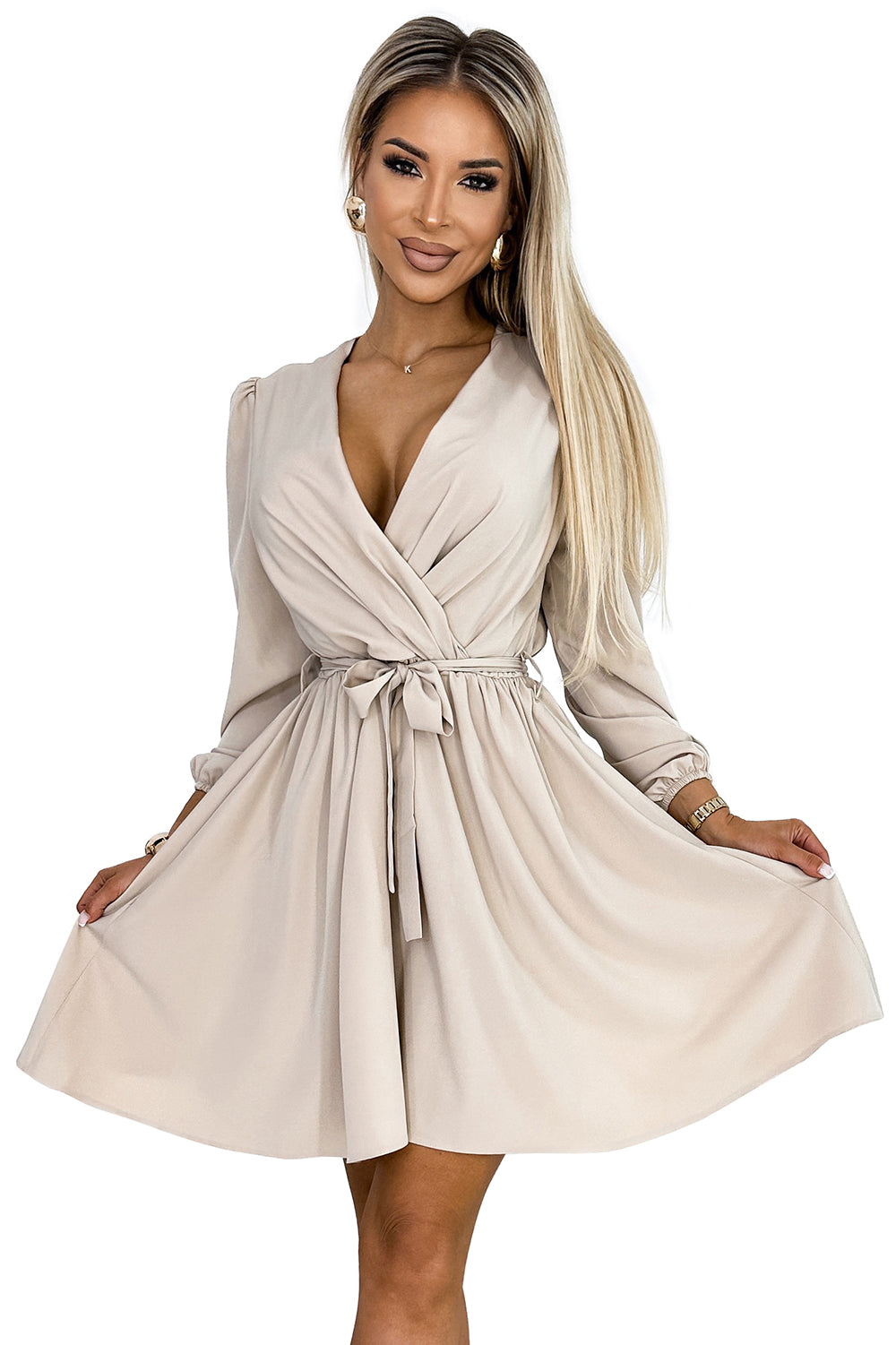 Numoco 339-4 BINDY Feminine dress with a neckline and belt - beige