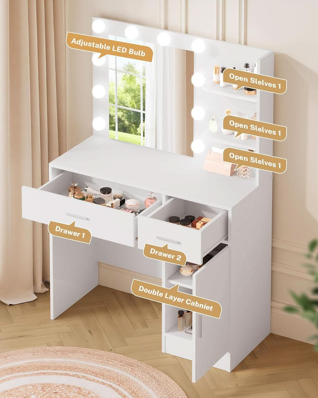 Luxurious White Vanity Desk Featuring Dimmable Mirror-4