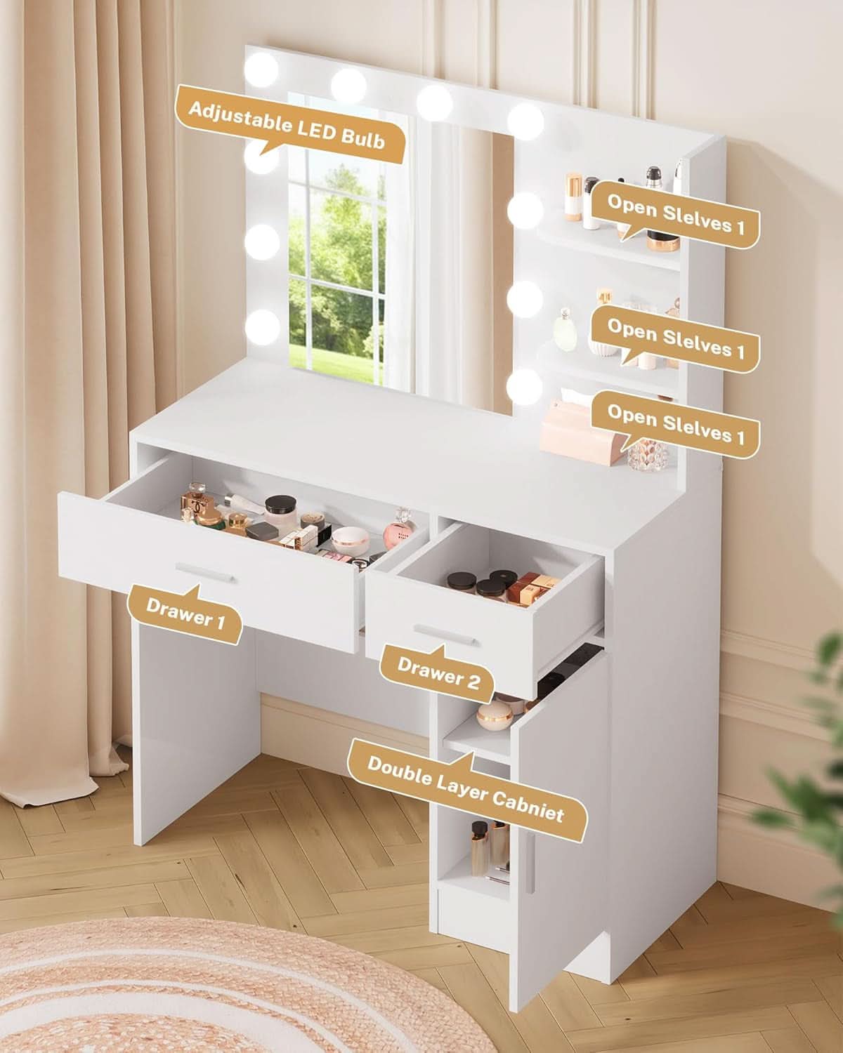 Luxurious White Vanity Desk Featuring Dimmable Mirror-4