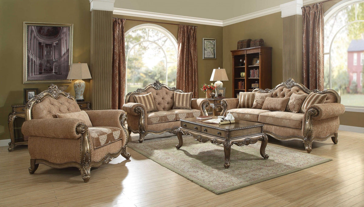 69" Brown And Platinum Damask Chesterfield Loveseat