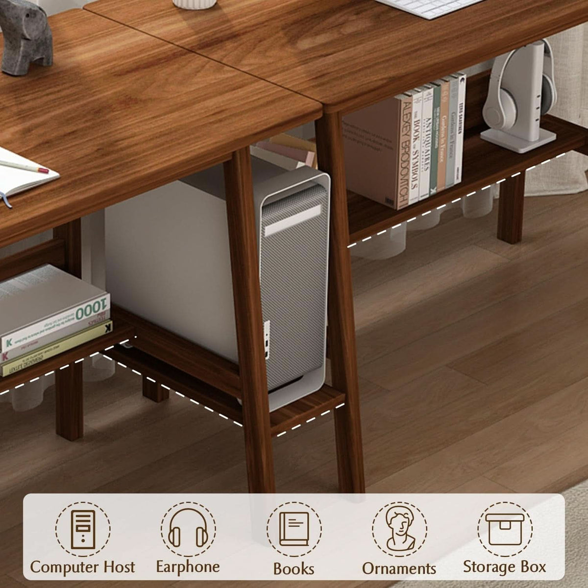 Two Person Desk Walnut 79 Inch Extended Workstation Shelves-2