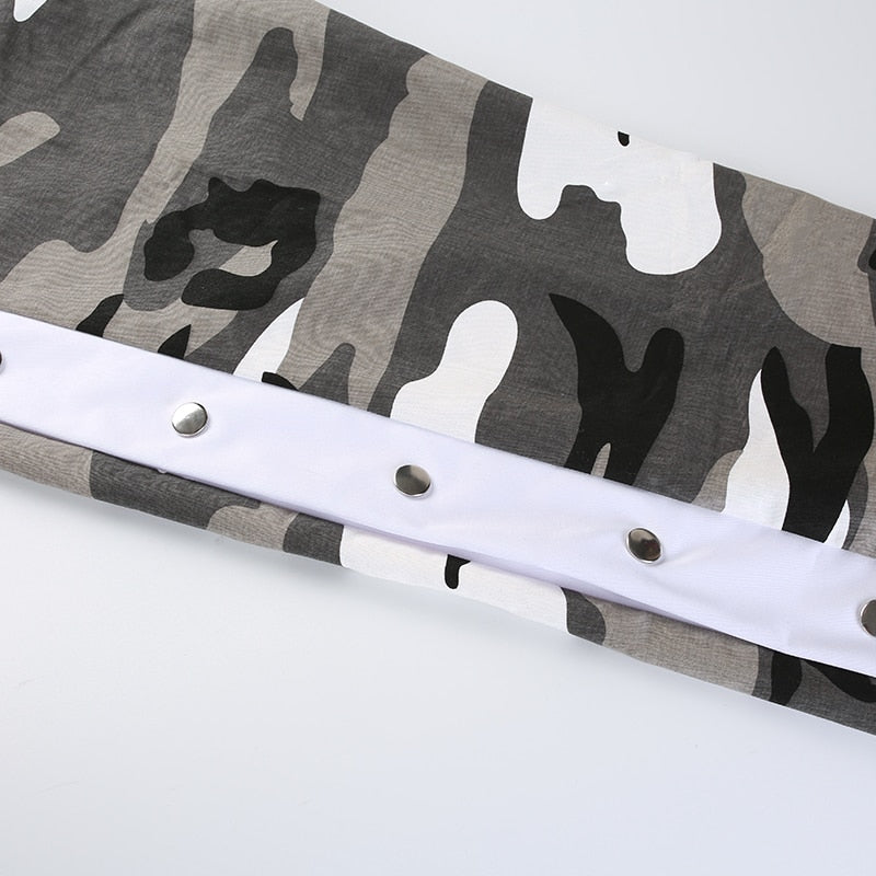 Camo Print High-Waisted Side Button Cuffed Pants