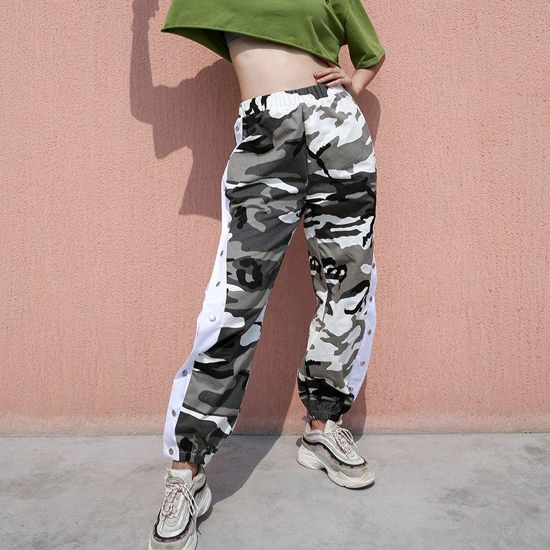 Camo Print High-Waisted Side Button Cuffed Pants