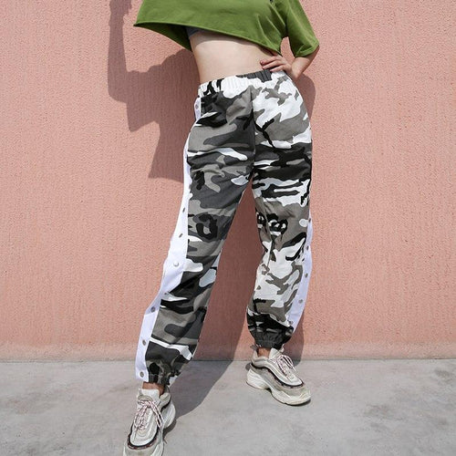 Camo Print High-Waisted Side Button Cuffed Pants