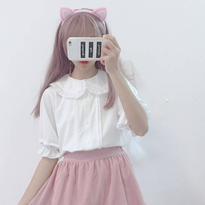 College Style Sweet Ruffle Short Sleeve Women's Top