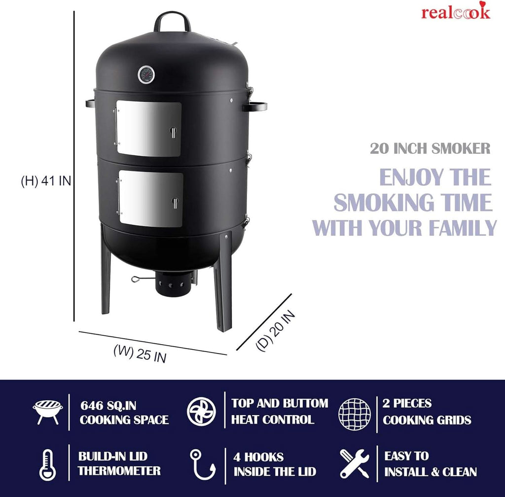 20 Inches Charcoal Vertical BBQ Smoker Outdoor Cooking-2