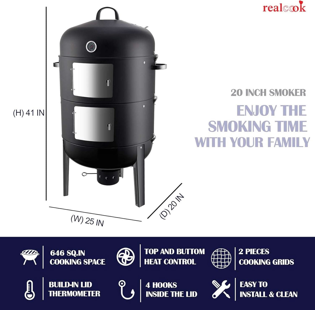 20 Inches Charcoal Vertical BBQ Smoker Outdoor Cooking-2