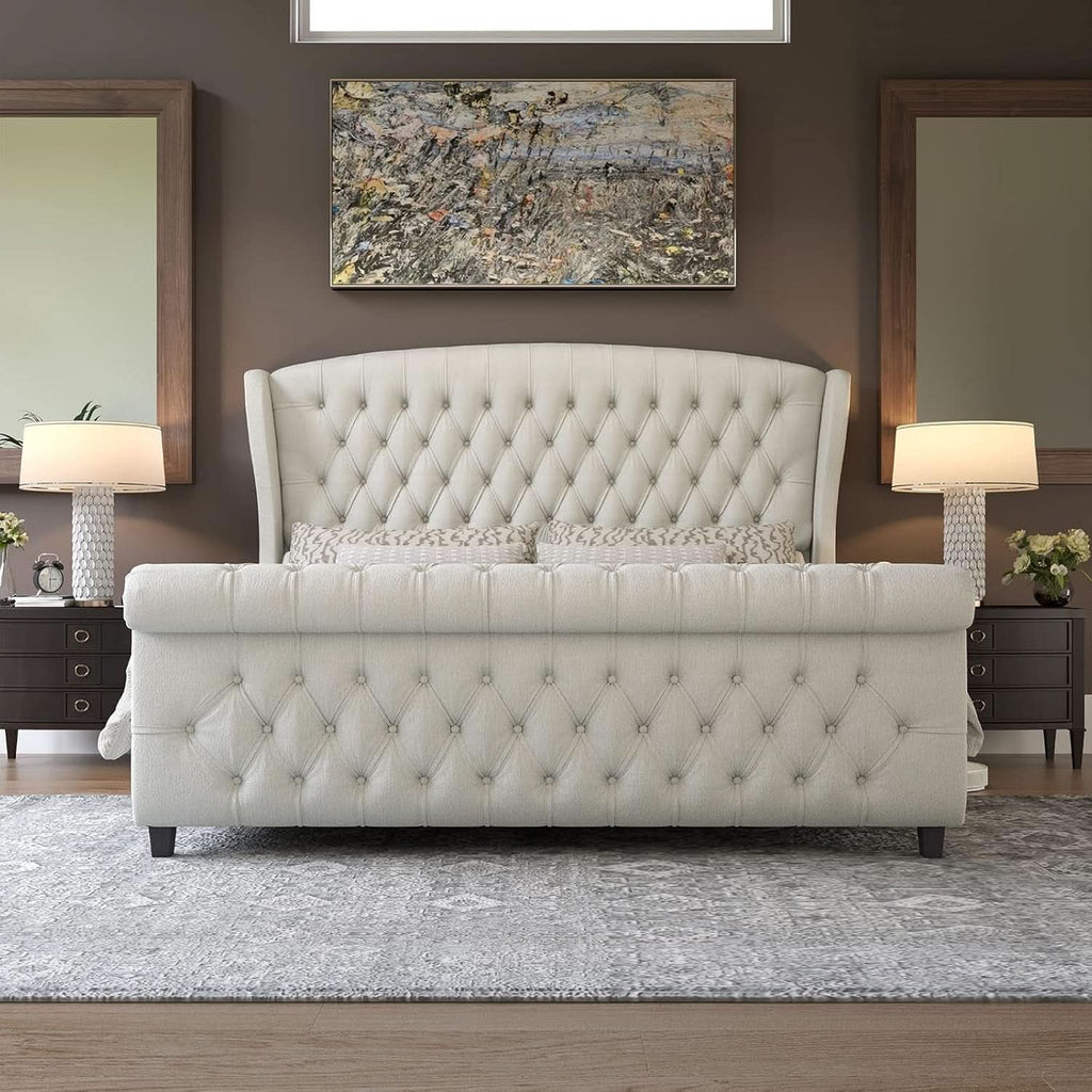 King Size Platform Bed Frame, Chenille Upholstered Sleigh Bed with Scroll Wingback Headboard & Footboard/Button Tufted/No Box Spring Required/Cream-2