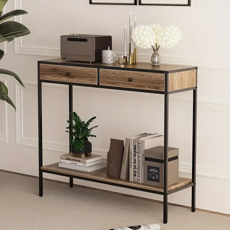 NNETM Brown Rectangular Living Room Entryway Table with Shelf and Two Drawers-1