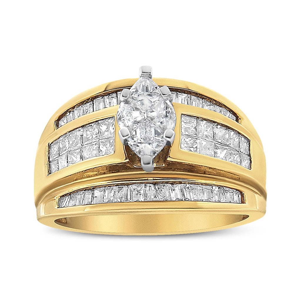 14K Yellow Gold 1 1/2 Cttw Pie, Princess and Baguette-cut Diamond Marquise Shaped Engagement Cocktail Ring Band (H-I Color, I1-I2 Clarity)-3