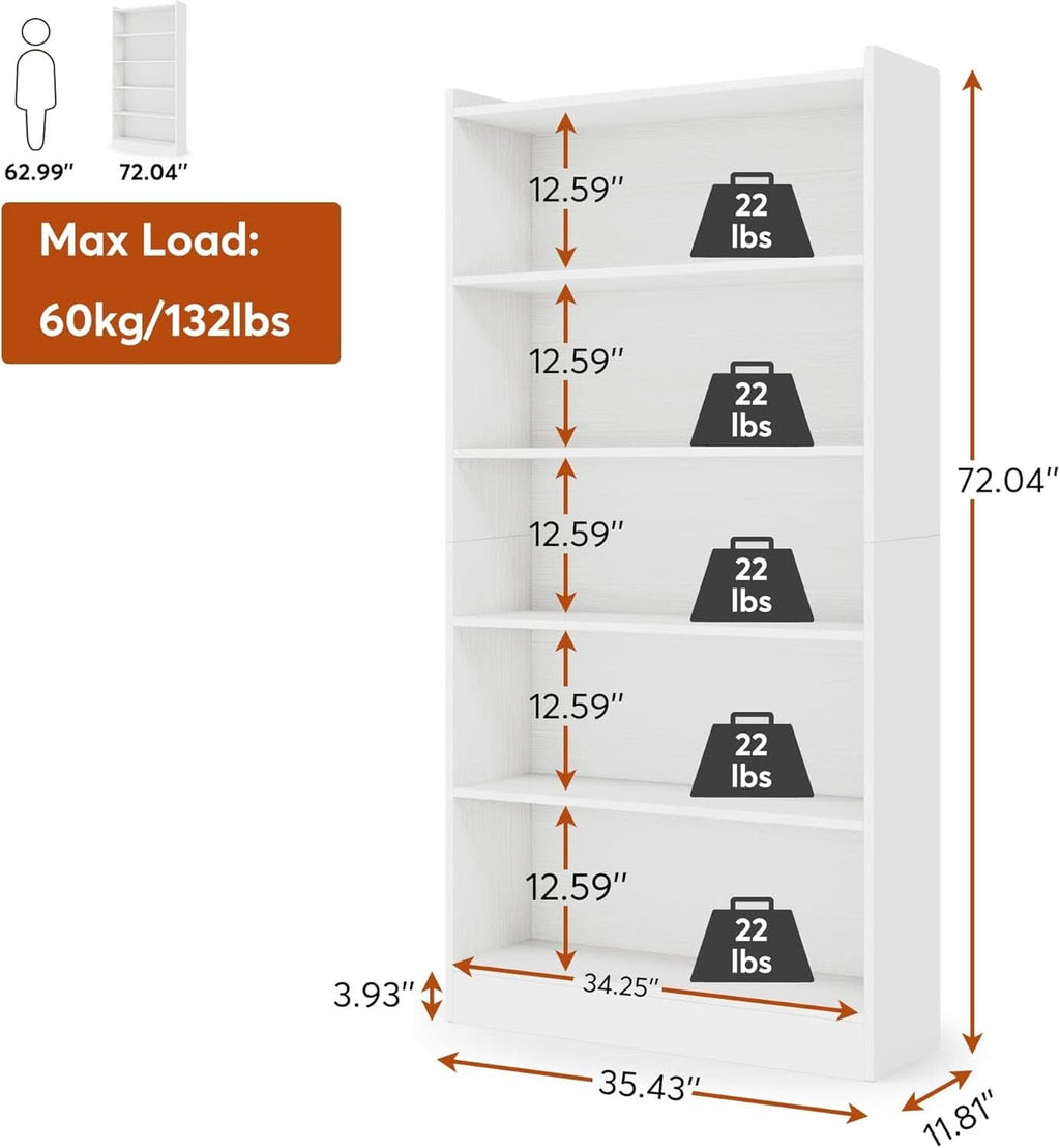 Tall White Six Tier Bookcase 72 Inches Contemporary Wood-1