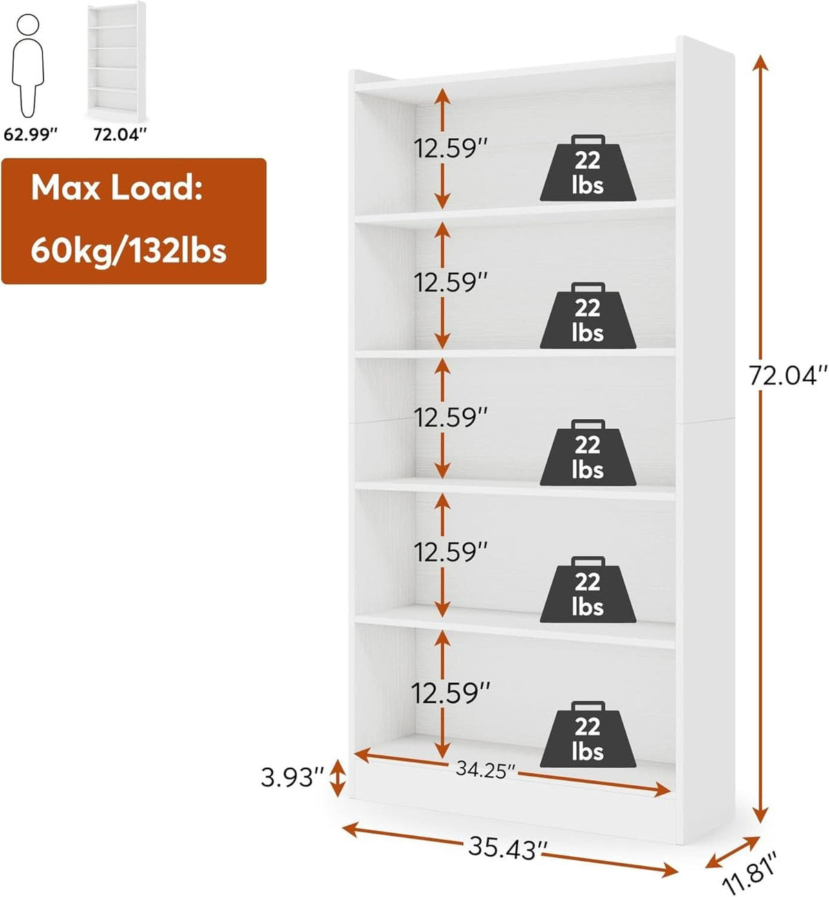 Tall White Six Tier Bookcase 72 Inches Contemporary Wood-1