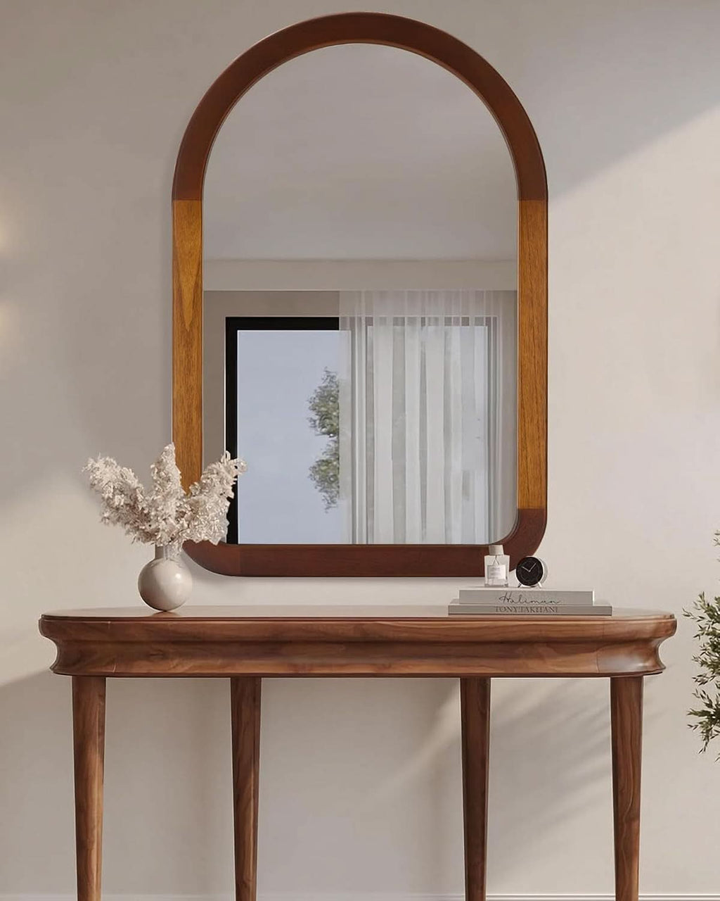 Arched Mirror 24x36 Walnut Brown Wood Frame Wall Mounted-2