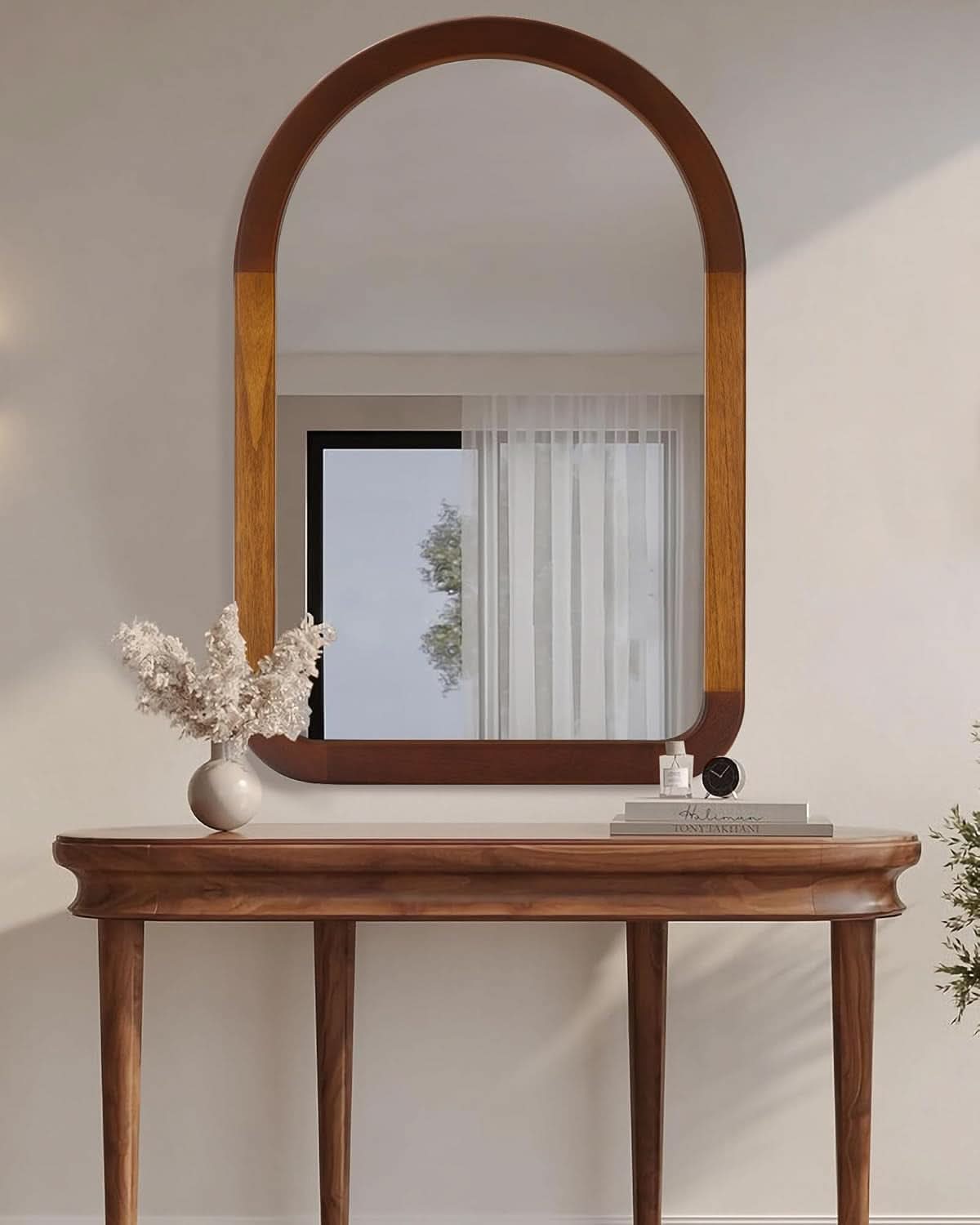 Arched Mirror 24x36 Walnut Brown Wood Frame Wall Mounted-2