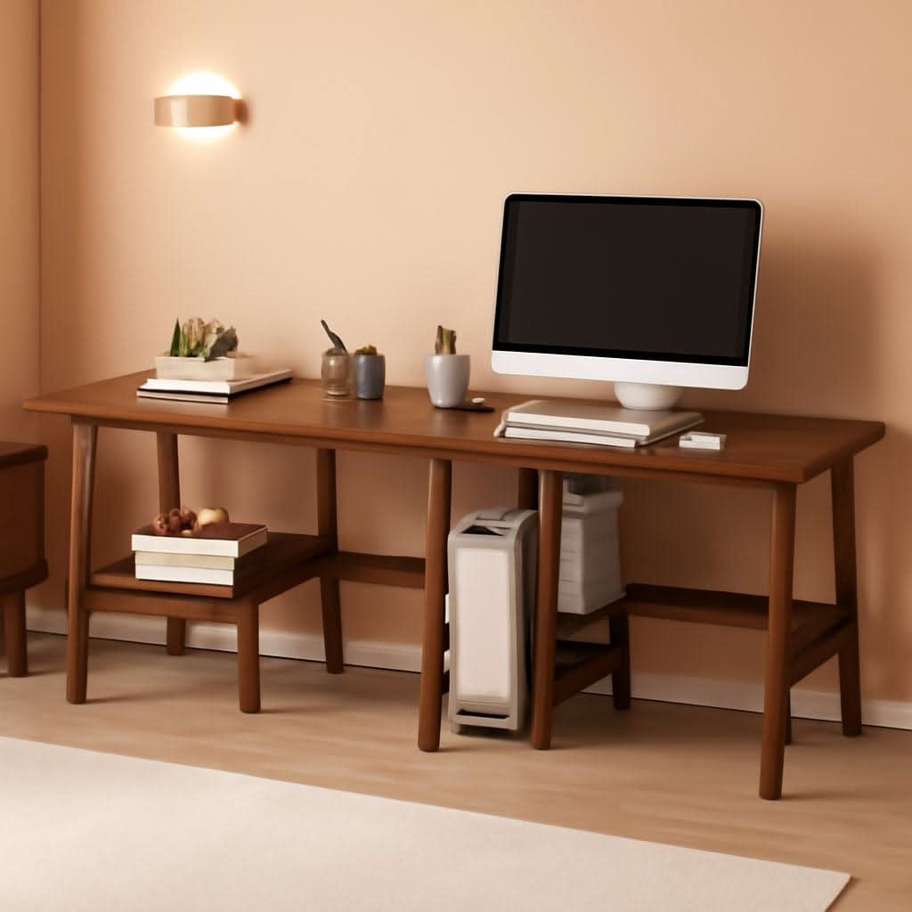 Two Person Desk Walnut 79 Inch Extended Workstation Shelves-0