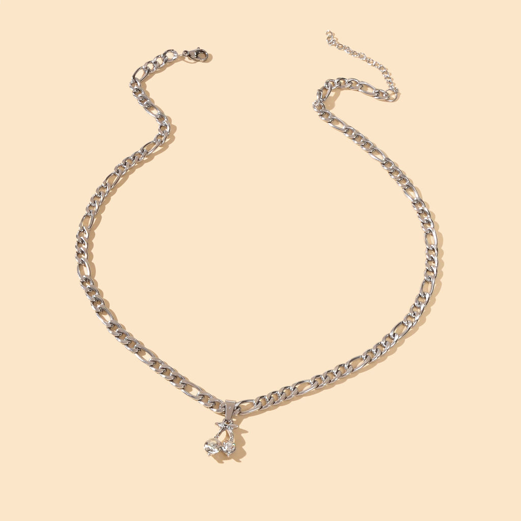 Retro Punk Silver Chain Rhinestone Decor Cherry Charm Necklace Women Accessories-1