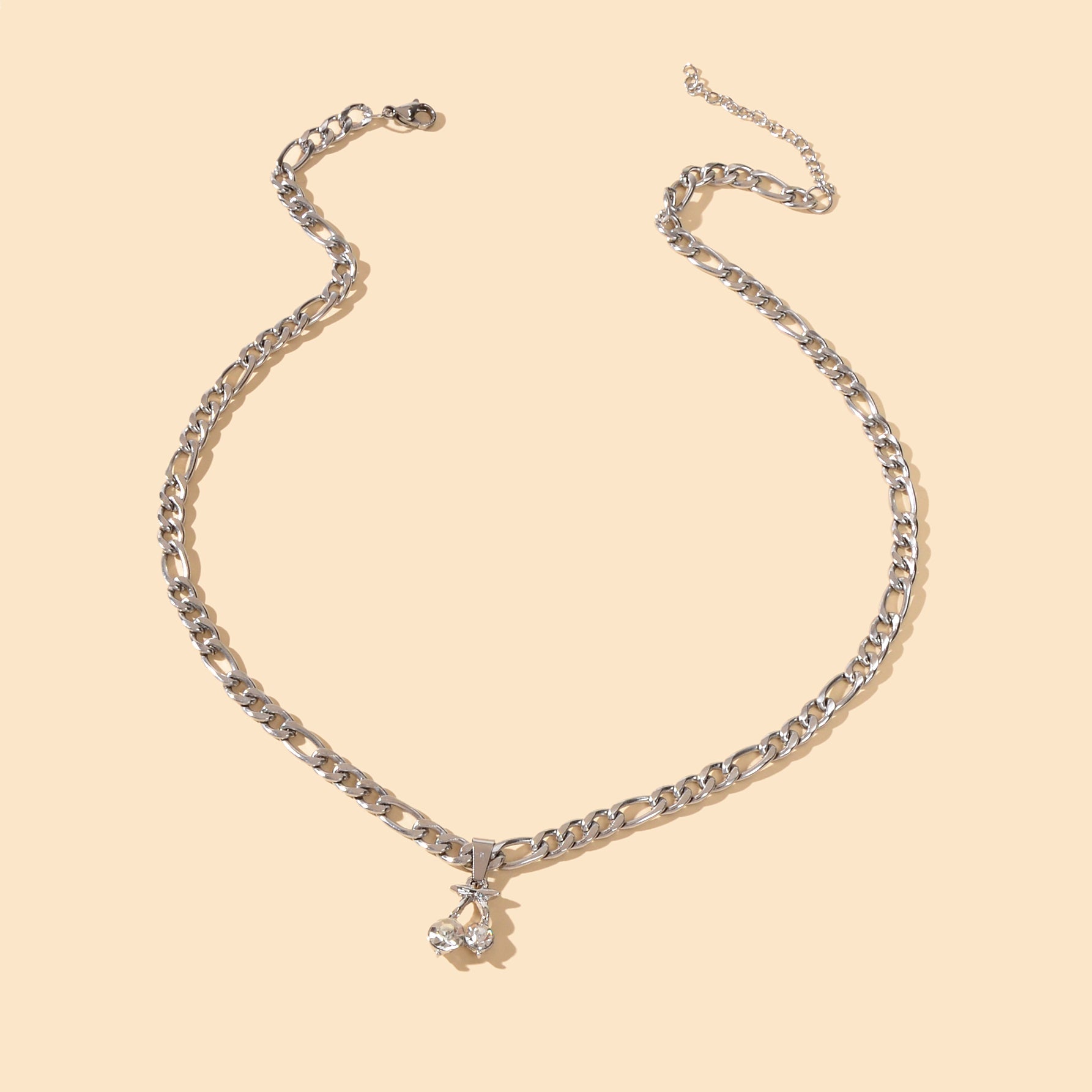 Retro Punk Silver Chain Rhinestone Decor Cherry Charm Necklace Women Accessories-1