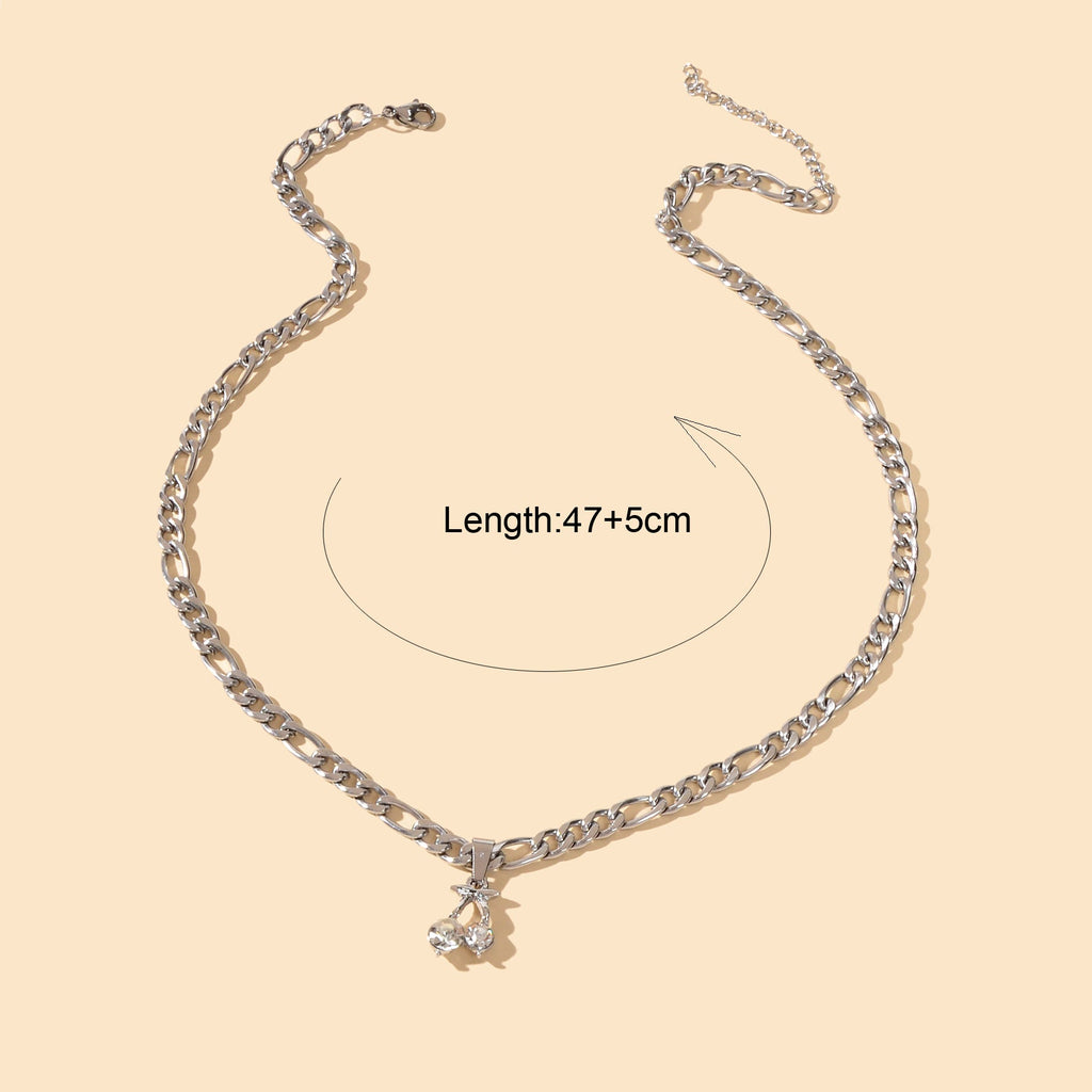 Retro Punk Silver Chain Rhinestone Decor Cherry Charm Necklace Women Accessories-2