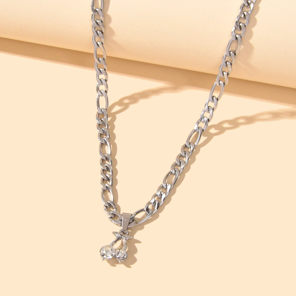 Retro Punk Silver Chain Rhinestone Decor Cherry Charm Necklace Women Accessories-3