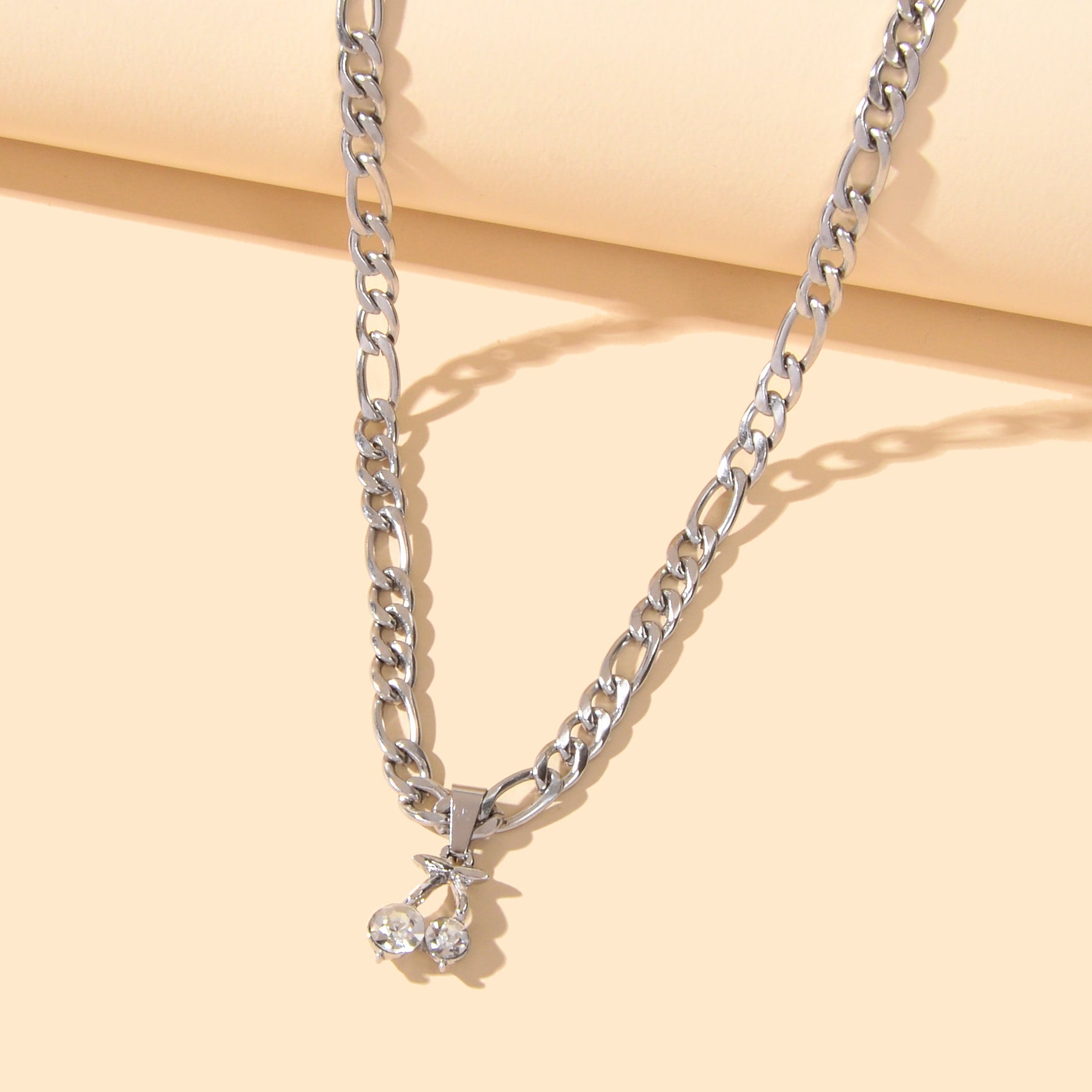 Retro Punk Silver Chain Rhinestone Decor Cherry Charm Necklace Women Accessories-3