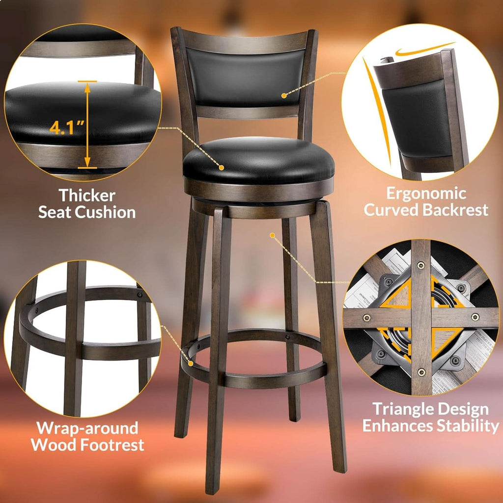 Swivel Bar Stools Set of 2 Black Faux Leather 34 Inch-4
