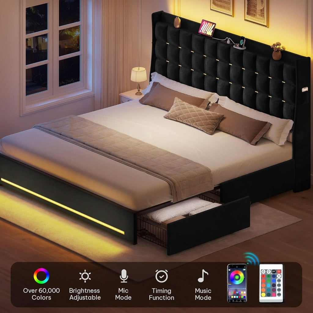 King Size Black Bed Frame Storage Drawers Charging Station-2