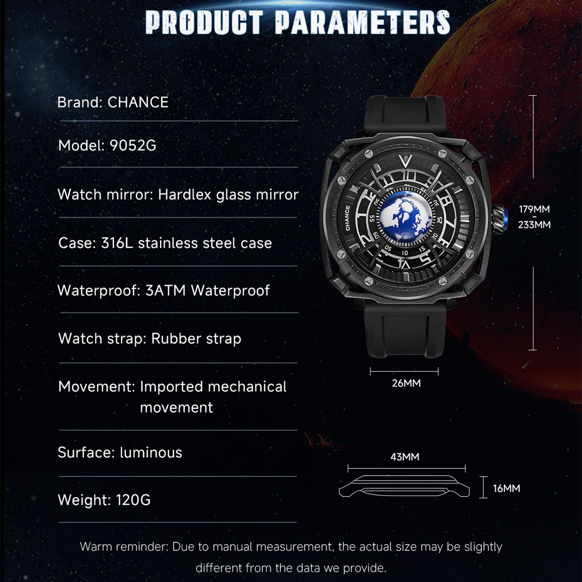 CHANCE Luxury Men Mechanical Wristwatch Automatic Watch Stainless Steel Case Sports Silicone Strap Luminous Watches Clock 9052-2
