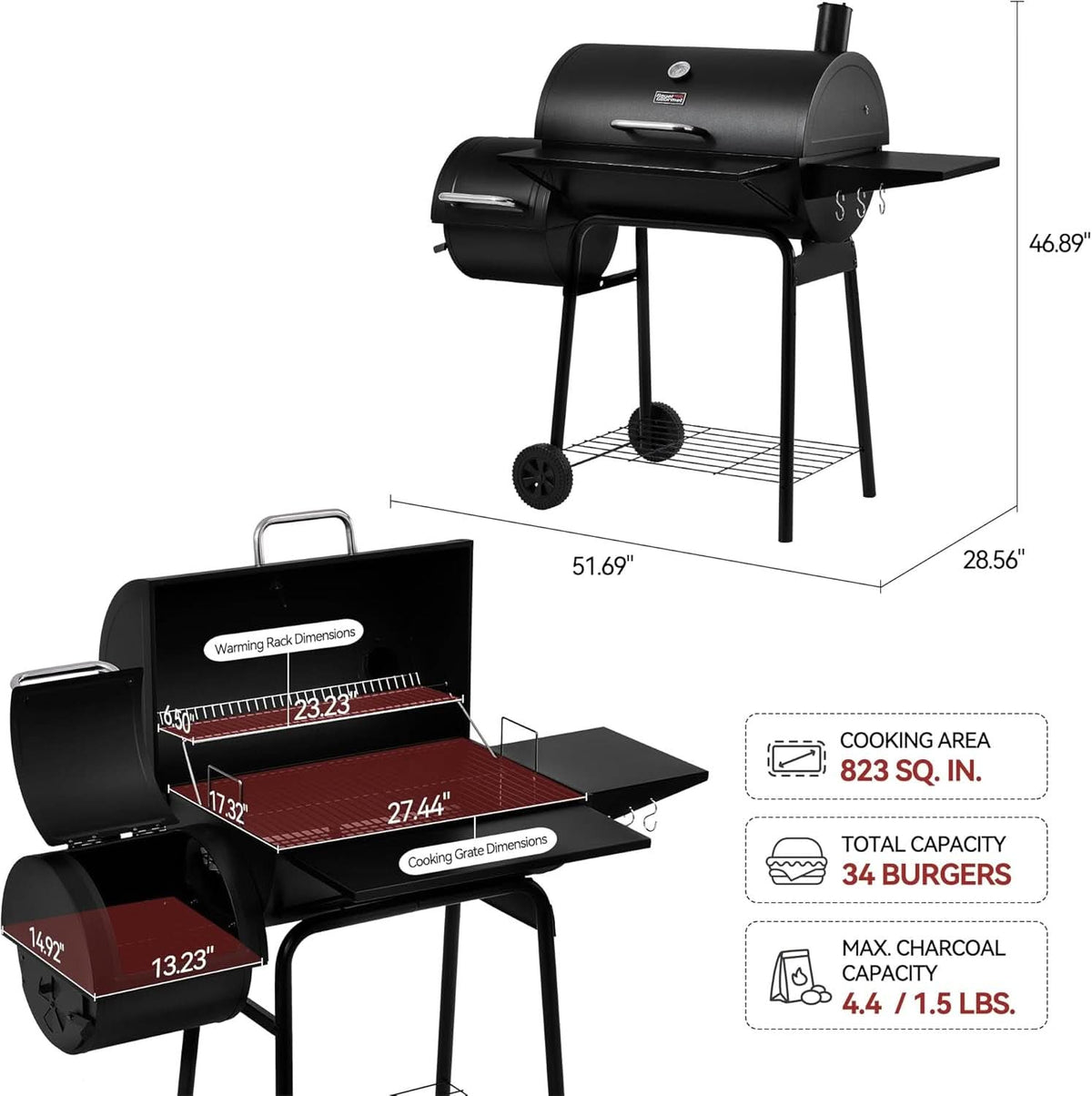 CC1830S Large Capacity Charcoal Grill Offset Smoker-3