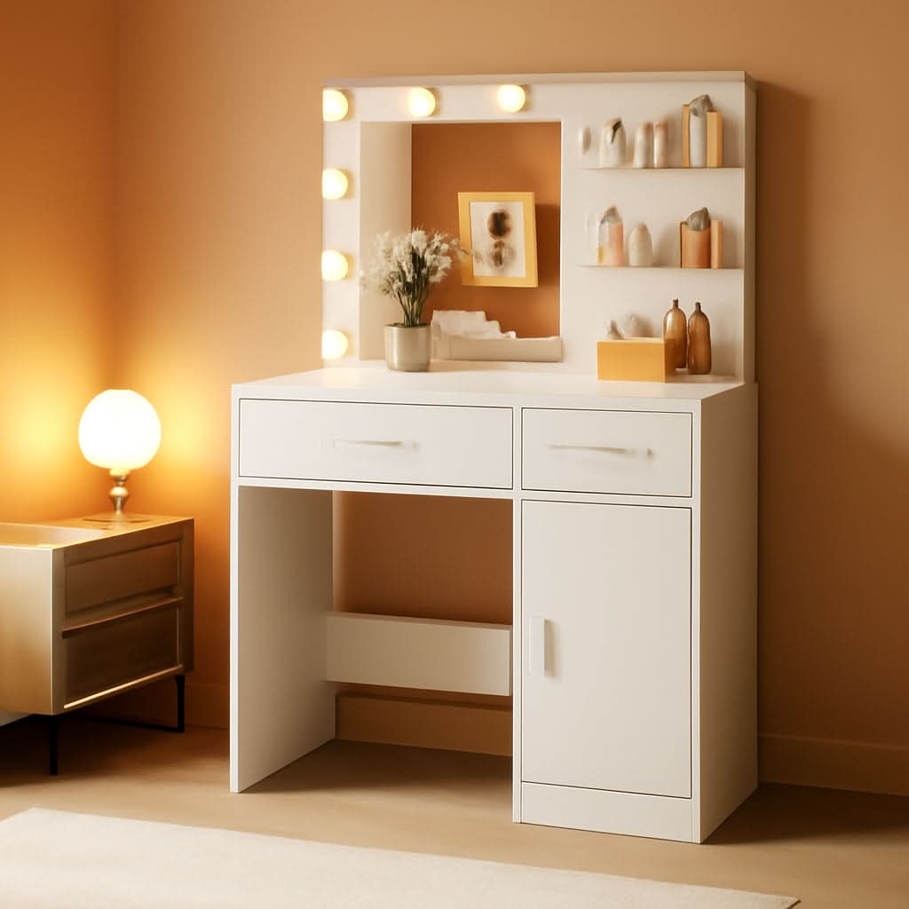 Luxurious White Vanity Desk Featuring Dimmable Mirror-0