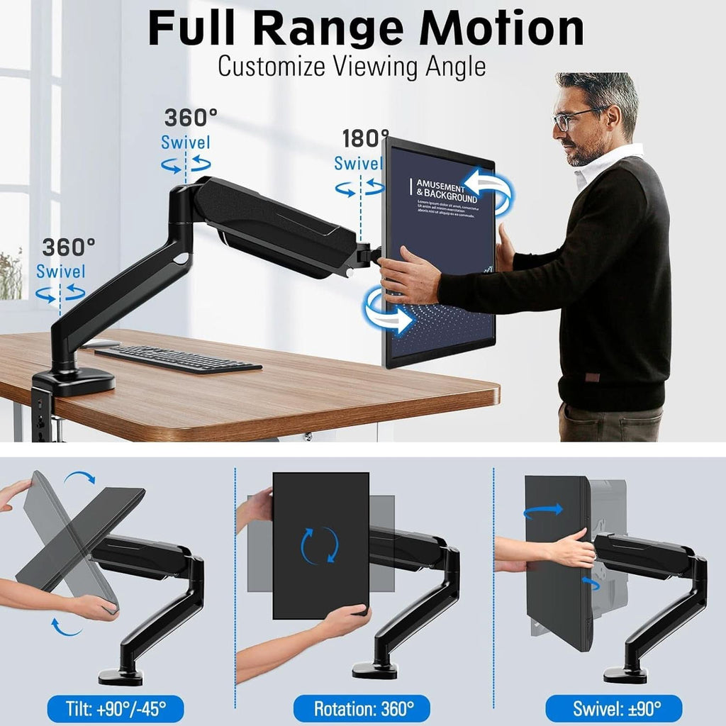 32 Inch Gas Spring Monitor Arm With Clamp VESA Black-3